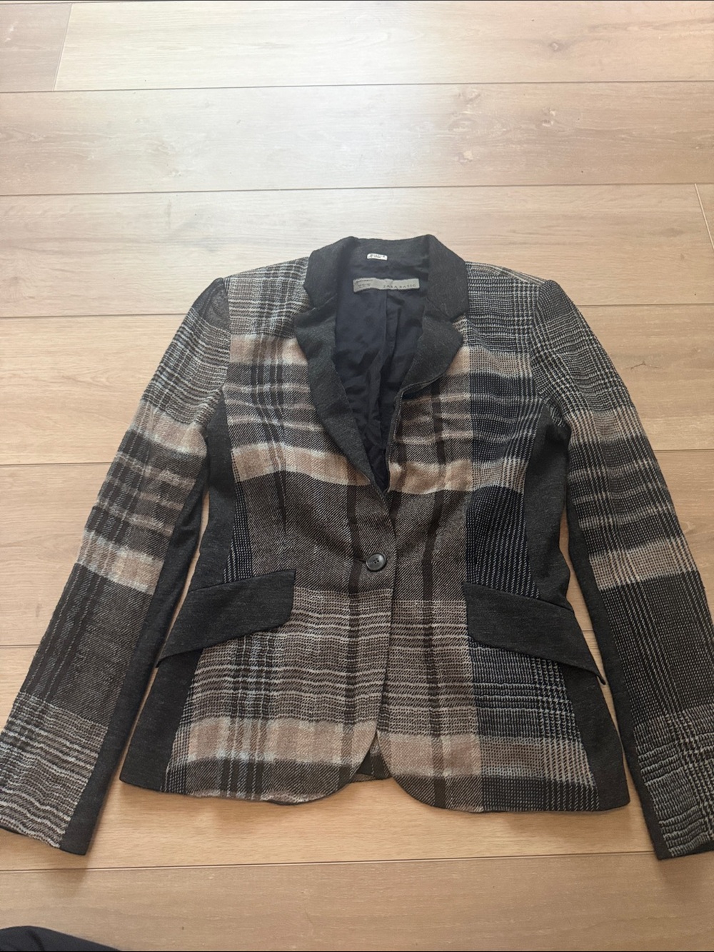 Zara Women's Plaid Blazer Jacket - Black & Brown & Cream